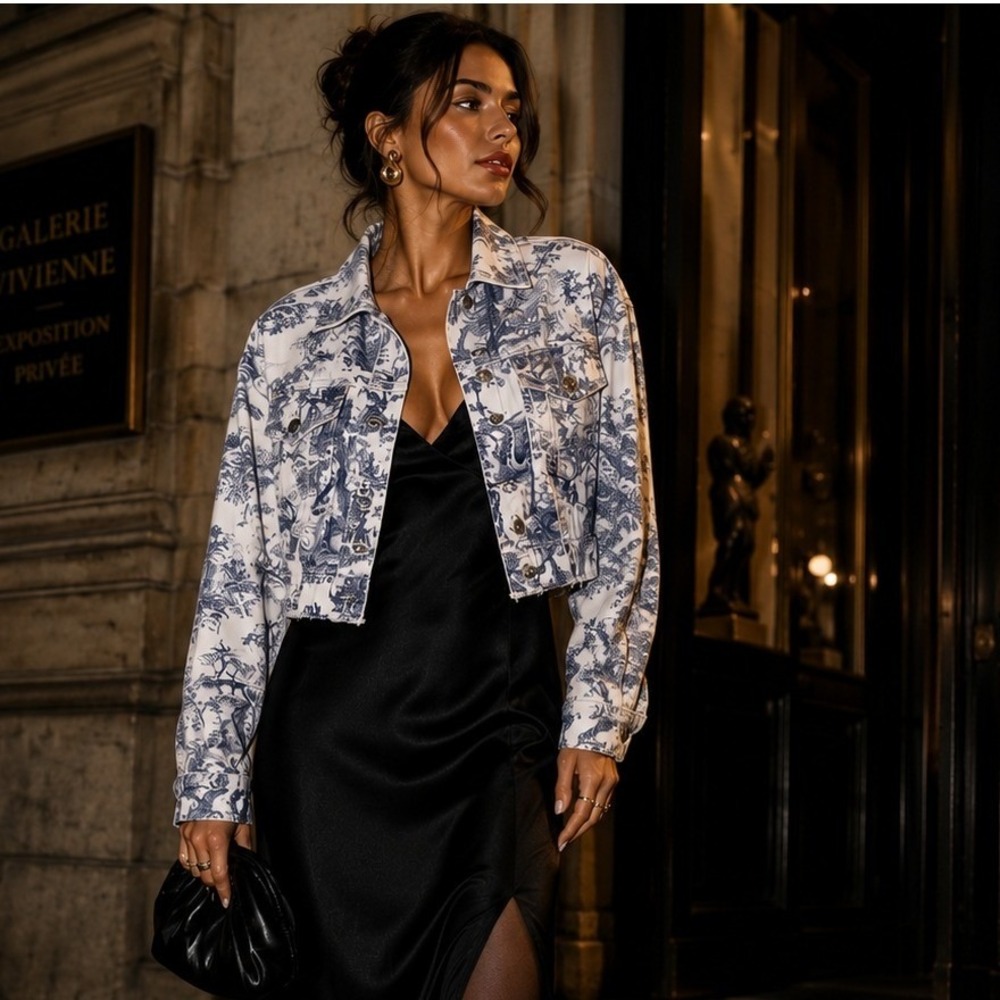 Missguided Toile de Jouy Cropped Denim Jacket Blue White Raw Hem Womens US 6